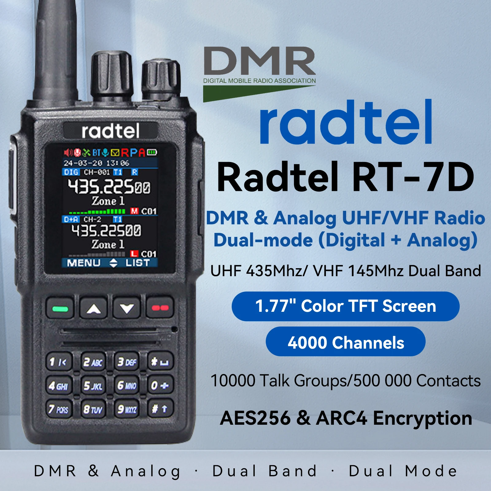Радиостанция Radtel RT-7D DMR, двухдиапазонная (UHF/VHF), цифровая и аналоговая, с 4000 каналами, 10000 группами рации и 500 000 контактами.
Радиостанция Radtel RT-7D DMR, двухдиапазонная (UHF/VHF), цифровая и аналоговая, с 4000 каналами, 10000 группами рации и 500 000 контактами.