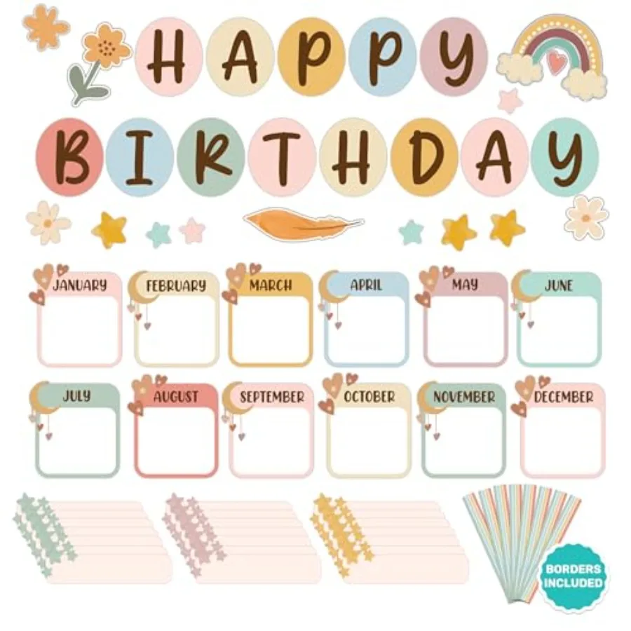97 Pcs Cutouts Boho Birthday Bulletin Board Decorations Set with Borders - Gloss-Laminated Cardstock, Easy-to-Write-on and Eras
97 Pcs Cutouts Boho Birthday Bulletin Board Decorations Set with Borders - Gloss-Laminated Cardstock, Easy-to-Write-on and Eras