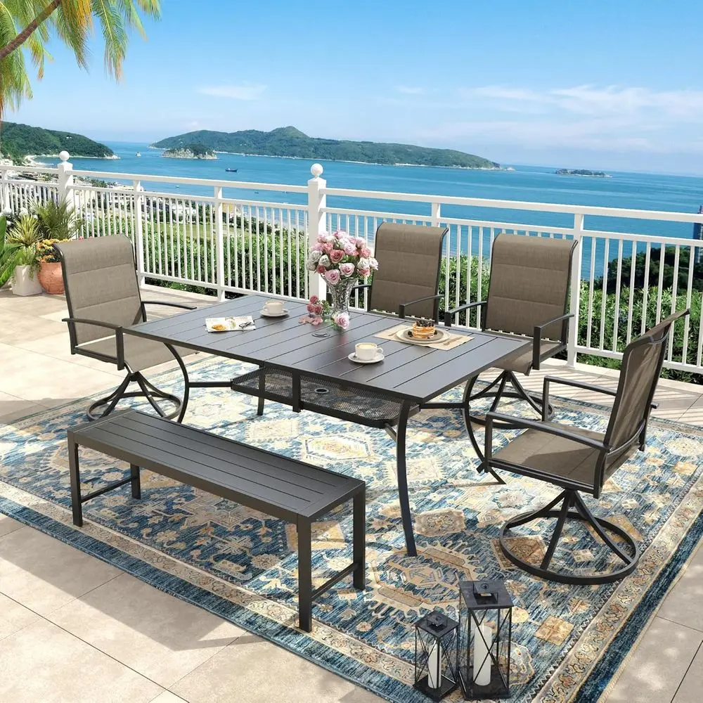 6-Piece Outdoor Dining Set: 51 Bench & 59.2 Table with Padded Swivel Chairs for 6-7, Mixed Brown & Black
6-Piece Outdoor Dining Set: 51 Bench & 59.2 Table with Padded Swivel Chairs for 6-7, Mixed Brown & Black