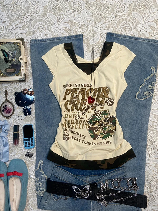 Original BaoYao Girl Camouflage Print Splice ort Sve T-irt Faionable Retro Design Korean Sle Women's Summer Top
Original BaoYao Girl Camouflage Print Splice ort Sve T-irt Faionable Retro Design Korean Sle Women's Summer Top