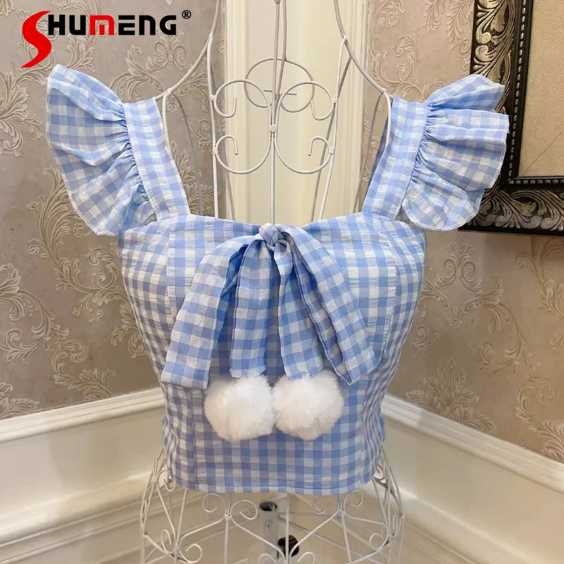 Мягкий укороченный топ Kawaii в японском стиле для девочек в шикарную клетку с маленькими летящими рукавами, майки с галстуком-бабочкой и помпоном для похудения с нагрудником, майки
Мягкий укороченный топ Kawaii в японском стиле для девочек в шикарную клетку с маленькими летящими рукавами, майки с галстуком-бабочкой и помпоном для похудения с нагрудником, майки