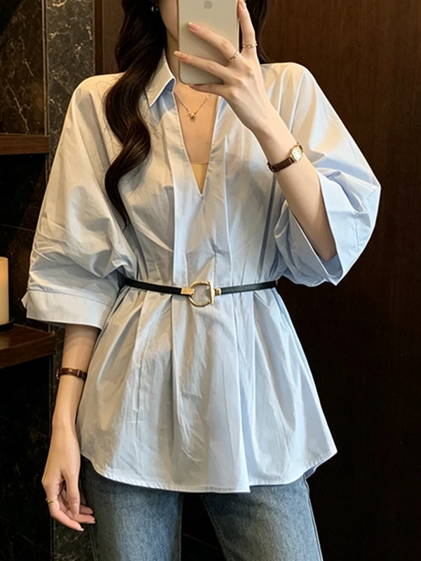 2026 Summer New plus Size Shirt with Belt Waist Cinching Pleated V-Neck Short Sleeve Women's Korean Style Loose Fit Top
2026 Summer New plus Size Shirt with Belt Waist Cinching Pleated V-Neck Short Sleeve Women's Korean Style Loose Fit Top