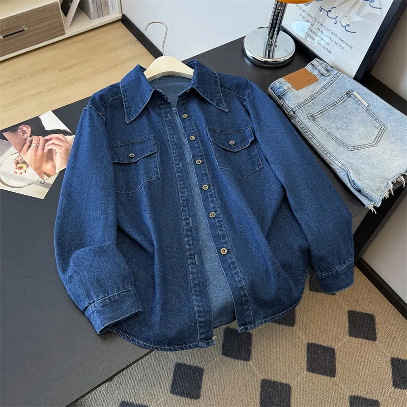 Korean Vintage Washed Dark Blue Denim Shirt Jacket Loose Lapels Single-Breasted Long Sleeve Spring Autumn Women Cowboy Outerwear
Korean Vintage Washed Dark Blue Denim Shirt Jacket Loose Lapels Single-Breasted Long Sleeve Spring Autumn Women Cowboy Outerwear