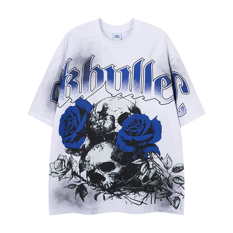 Summer new short-sleeved washed T-shirt American street loose hundred Skull rose art drawing printing
Summer new short-sleeved washed T-shirt American street loose hundred Skull rose art drawing printing