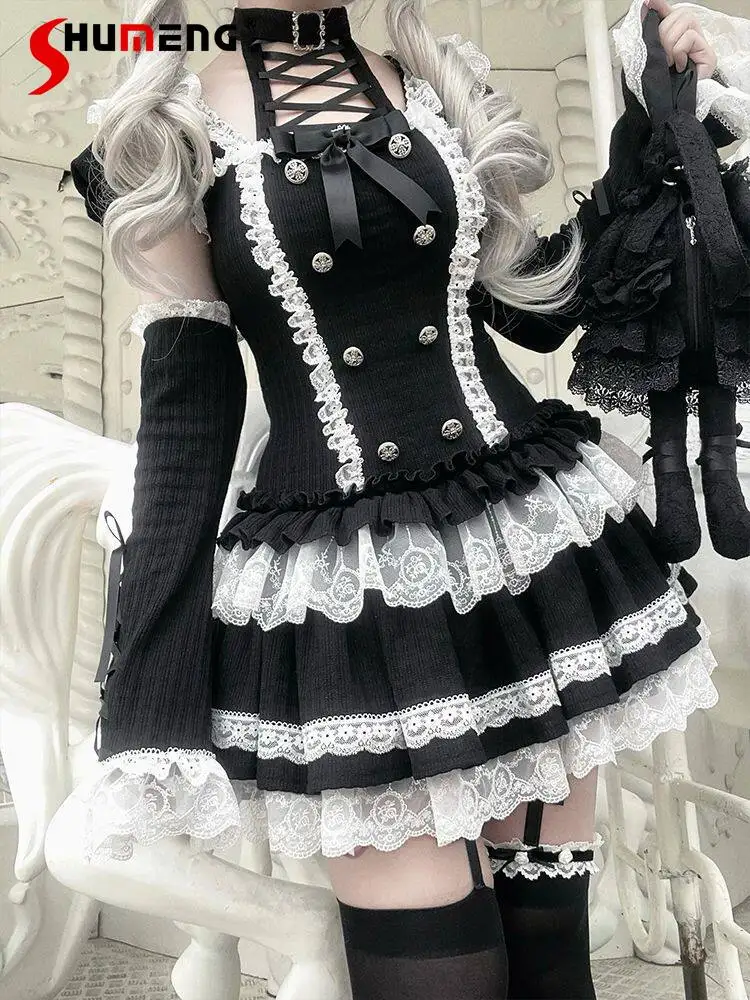 Mines Style Dark Sweet Cool Girl's Gothic OP Dress Halter Neck Bow Detachable Long Sleeve Lace Spliced Lolita Short Dress Women
Mines Style Dark Sweet Cool Girl's Gothic OP Dress Halter Neck Bow Detachable Long Sleeve Lace Spliced Lolita Short Dress Women