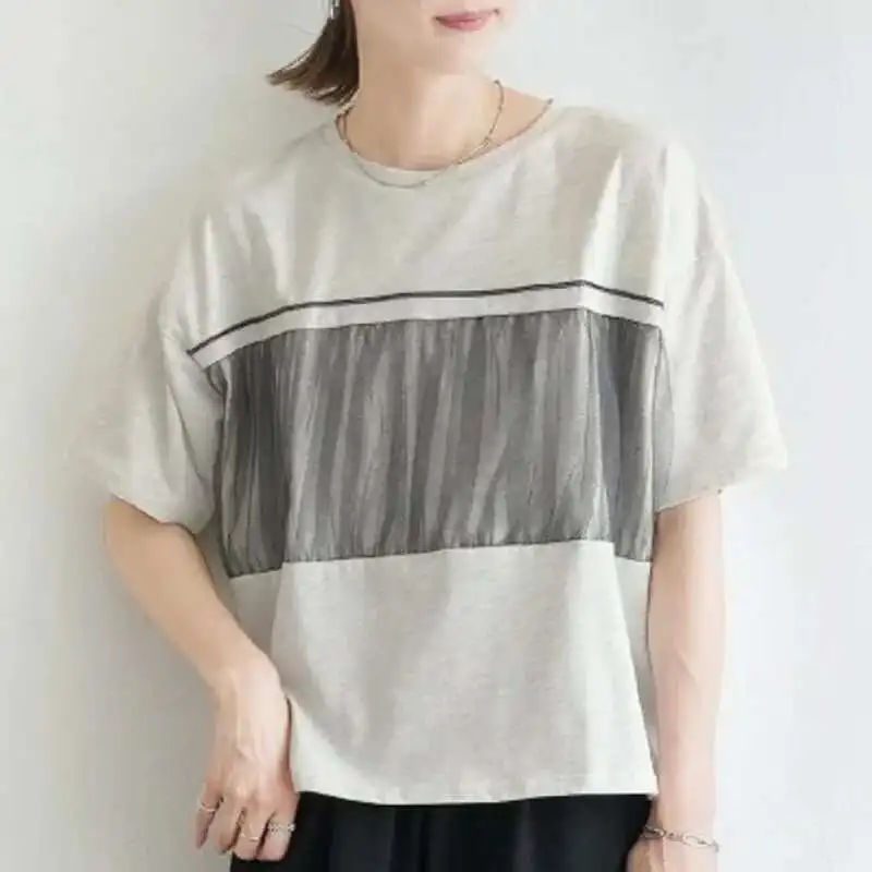Folds Gauze Patchwork Design Women Loose Casual Versatile White T-shirt Short Sleeve O-neck Pullover Top Summer
Folds Gauze Patchwork Design Women Loose Casual Versatile White T-shirt Short Sleeve O-neck Pullover Top Summer