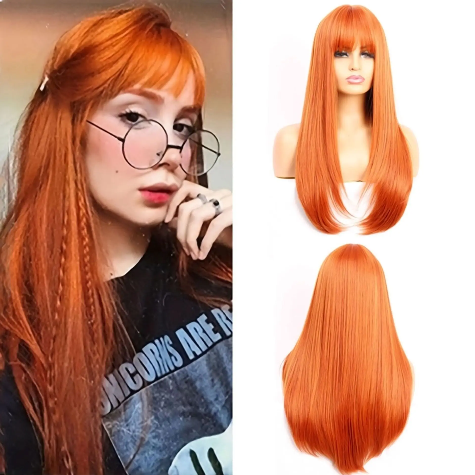 European and American fashion wig women's orange long straight hair Qi bangs chemical fiber headgear wig full headgear cos wig
European and American fashion wig women's orange long straight hair Qi bangs chemical fiber headgear wig full headgear cos wig