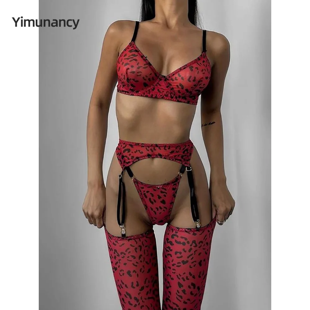 Yimunancy Leopard Print Lingerie Set Women Red Transparent Mesh Bra + Thong Stocking Underwear 4-Piece Sexy Erotic Intimates Set
Yimunancy Leopard Print Lingerie Set Women Red Transparent Mesh Bra + Thong Stocking Underwear 4-Piece Sexy Erotic Intimates Set