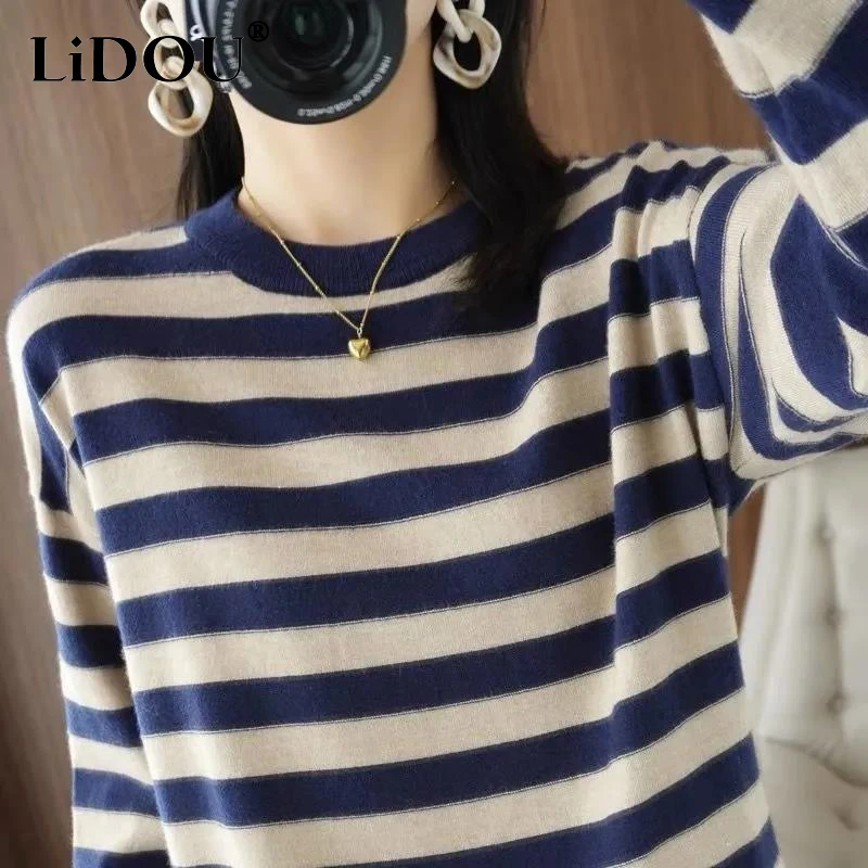 2023 Spring Autumn Striped T-Shirts Women Round Neck Long Sleeve Knitting Pullovers Casual Fashion Contrast Color Tops Ladies
2023 Spring Autumn Striped T-Shirts Women Round Neck Long Sleeve Knitting Pullovers Casual Fashion Contrast Color Tops Ladies