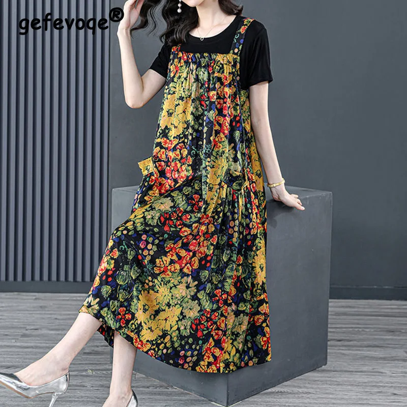 Casual Floral Printing Pockets Slip Dresses Black T-shirt Two Piece Sets Summer 2023 New Short Sleeve O-Neck Loose Women's Suit
Casual Floral Printing Pockets Slip Dresses Black T-shirt Two Piece Sets Summer 2023 New Short Sleeve O-Neck Loose Women's Suit