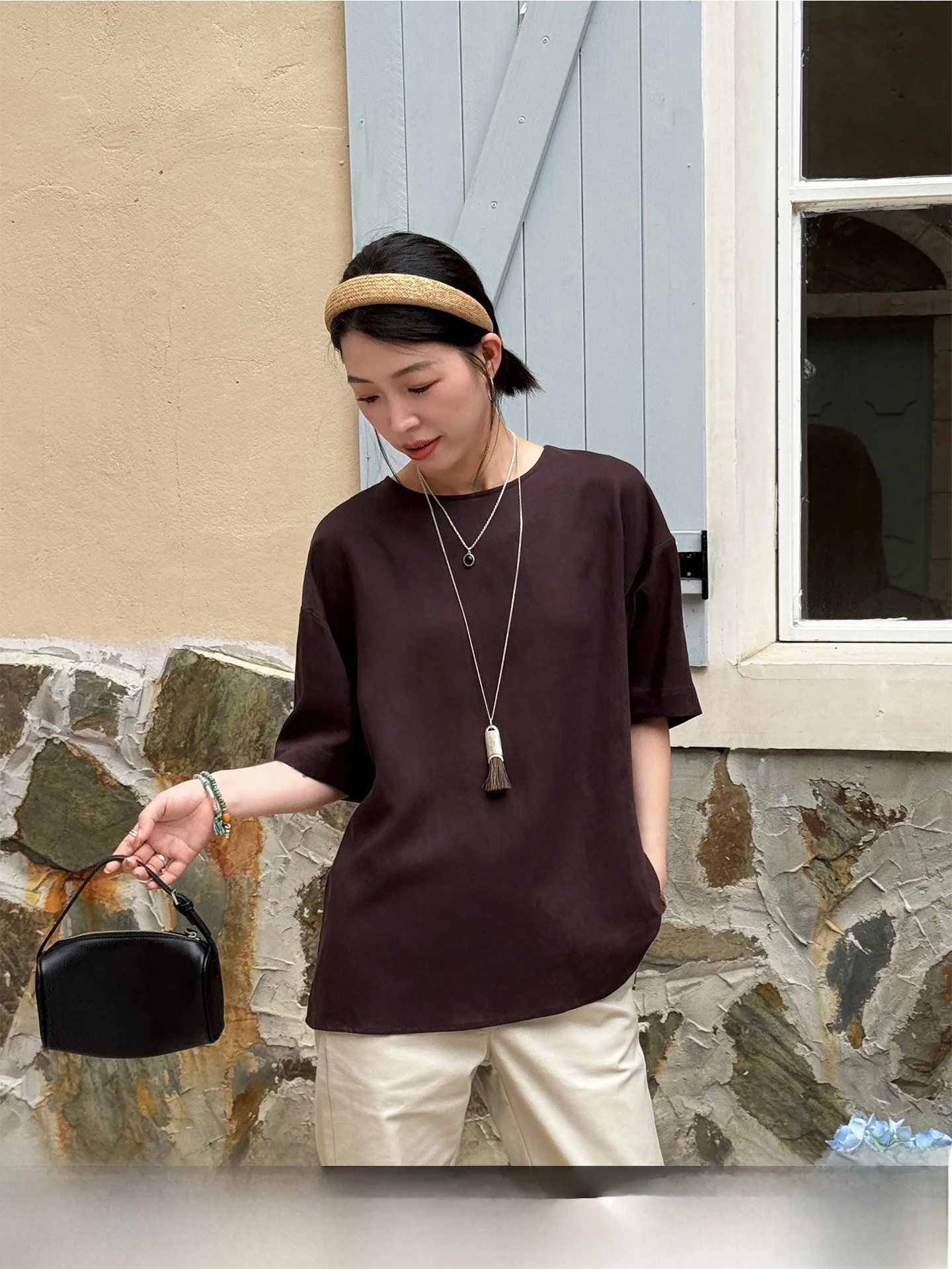 Loose Women's T-Shirt Bebe Linen Short Sleeve Summer Coffee Color Lyocell Loose Sensation round Neck Printed Casual Top
Loose Women's T-Shirt Bebe Linen Short Sleeve Summer Coffee Color Lyocell Loose Sensation round Neck Printed Casual Top