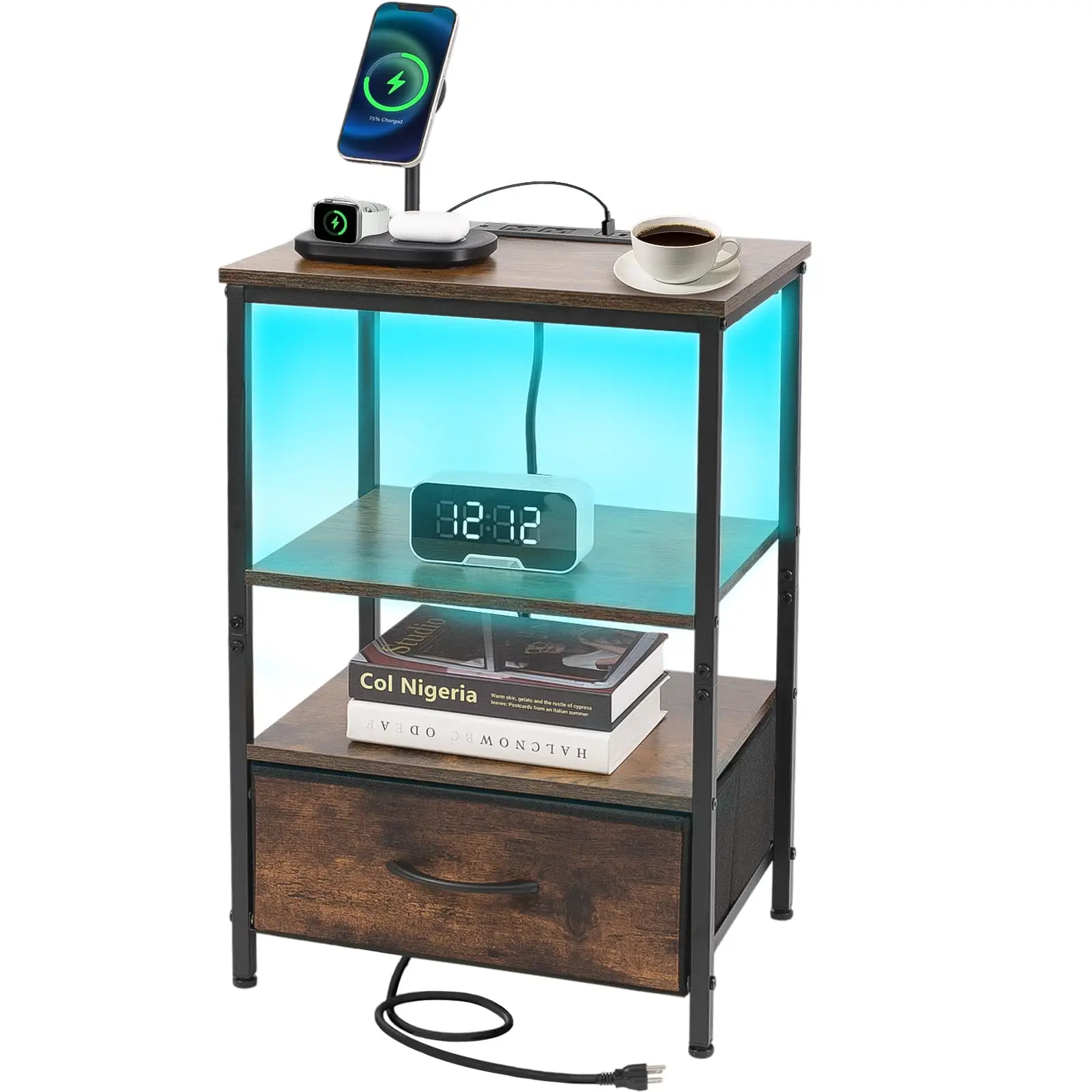 Modern Brown Bedside Table With LED Lighting, Wireless Charging Station, USB Ports, Open Shelf And Storage Drawer
Modern Brown Bedside Table With LED Lighting, Wireless Charging Station, USB Ports, Open Shelf And Storage Drawer