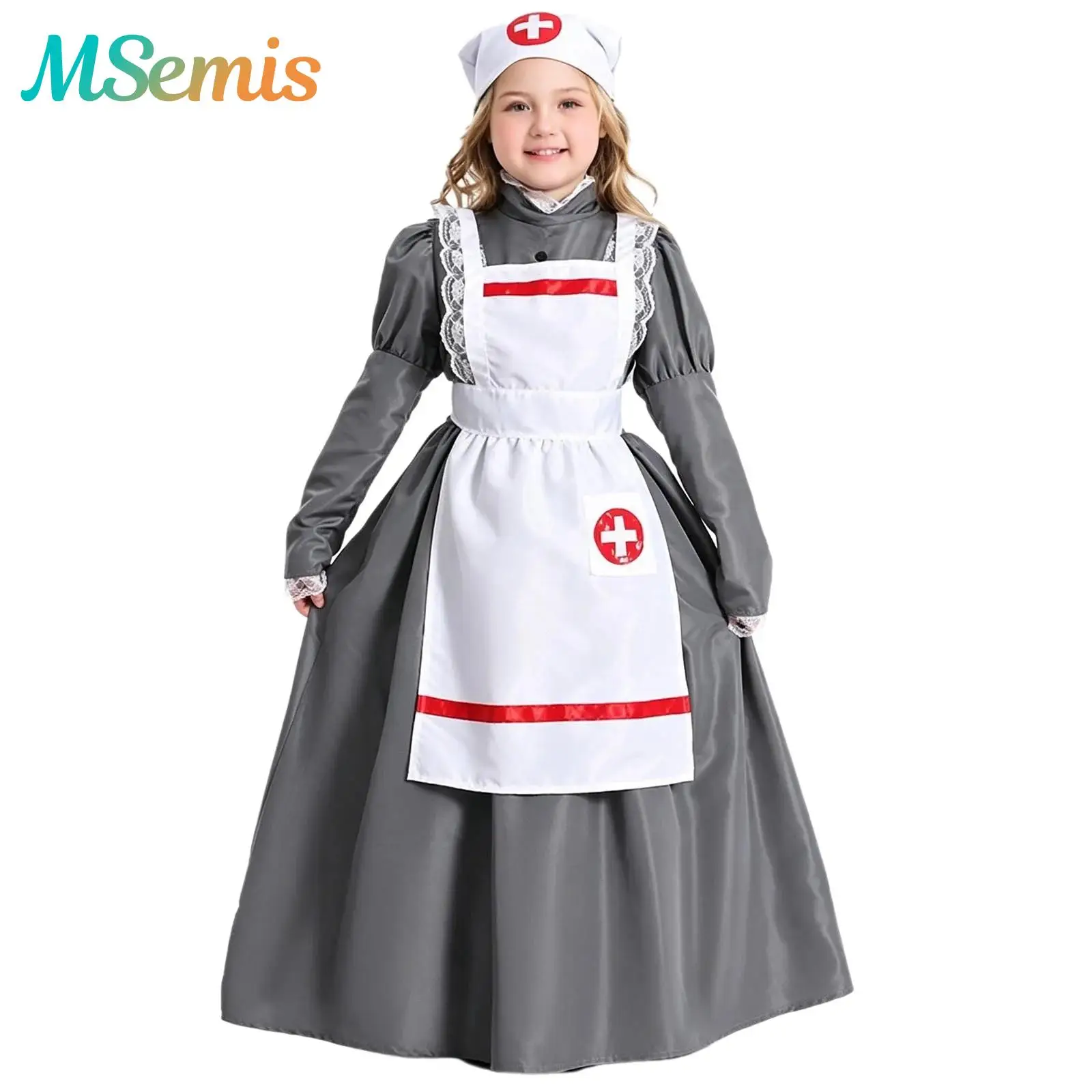 Girls Nurse Maid Cosplay Outfit Halloween Theme Party Costume Long Puff Sleeve Lace Trim Maid Dress with Apron And Headscarf
Girls Nurse Maid Cosplay Outfit Halloween Theme Party Costume Long Puff Sleeve Lace Trim Maid Dress with Apron And Headscarf