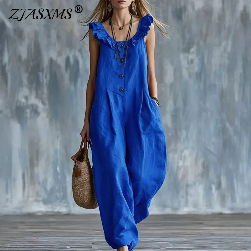 Women's Casual Solid Vacation Jumpsuit Spring U Neck Ruffle Button Romper Summer Sleeveless Wide Leg Loose Overalls With Pockets
Women's Casual Solid Vacation Jumpsuit Spring U Neck Ruffle Button Romper Summer Sleeveless Wide Leg Loose Overalls With Pockets