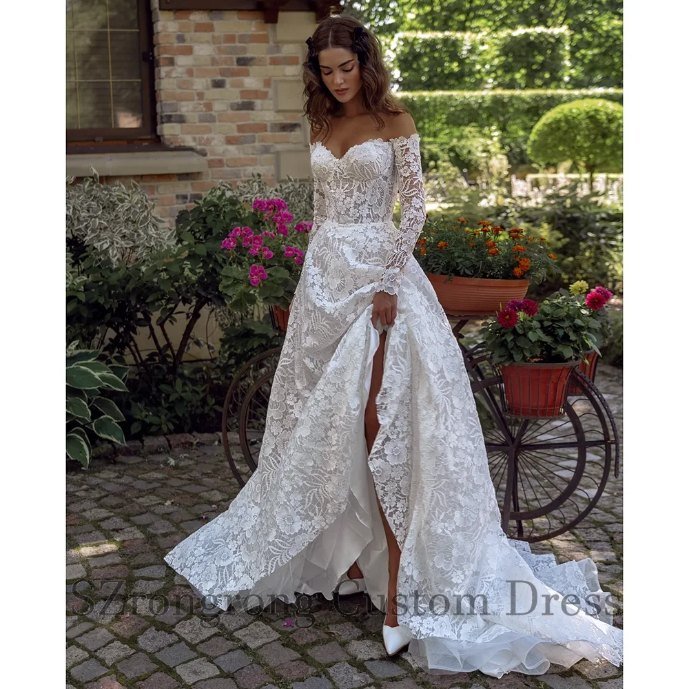 vestidos de gala Boho Off Shoulder Lace Princess Wedding Gown Backless Floor Length Beach Bridal Dress with Train Custom Made
vestidos de gala Boho Off Shoulder Lace Princess Wedding Gown Backless Floor Length Beach Bridal Dress with Train Custom Made