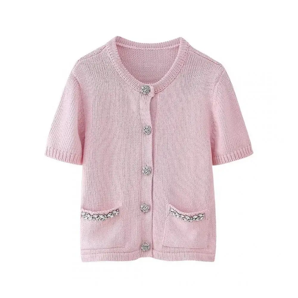 Sweet Pink Crewneck Cardigan Sweater Casual Single Breasted Sweater Short Sleeves Sweaters with Fake Diamond for Daily Wear
Sweet Pink Crewneck Cardigan Sweater Casual Single Breasted Sweater Short Sleeves Sweaters with Fake Diamond for Daily Wear