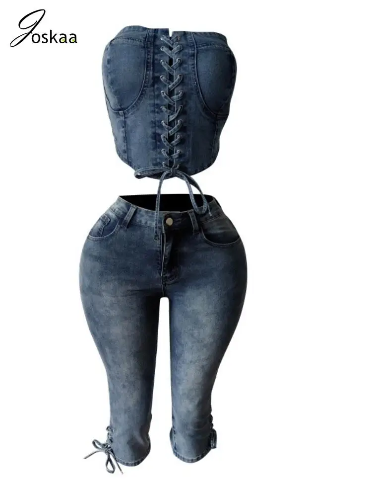 Joskaa Stretch Denim 2 Piece Sets Women Sexy Asymmetrical Lace-Up Tube Tops and Cropped Pants Matching 2025 Summer Streetwear
Joskaa Stretch Denim 2 Piece Sets Women Sexy Asymmetrical Lace-Up Tube Tops and Cropped Pants Matching 2025 Summer Streetwear