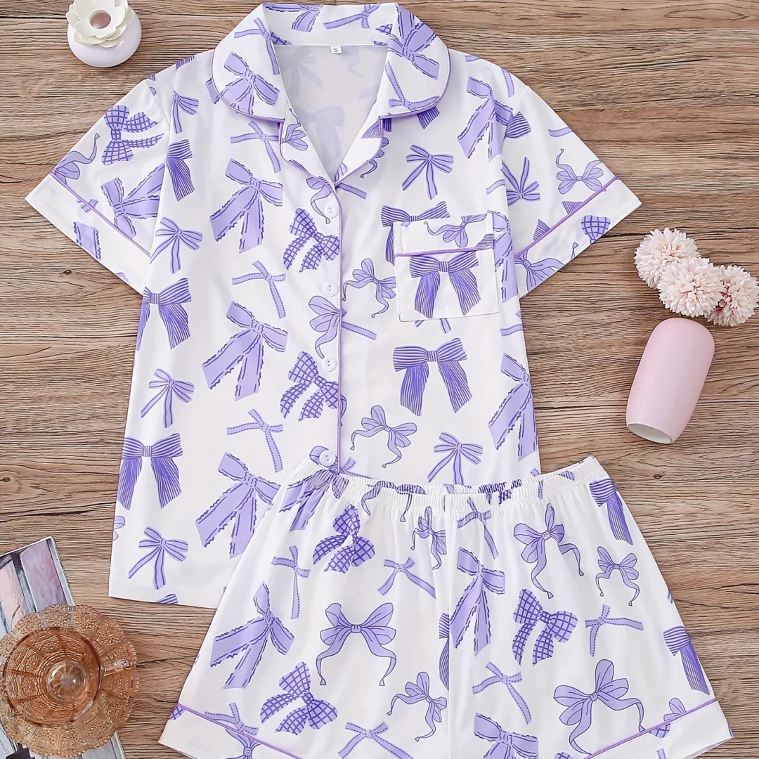 Purple Pajamas with Bow Print Home Wear Lapel Short Sleeves and Shorts Set Loungewear Clothes Men Women Gifts 
Purple Pajamas with Bow Print Home Wear Lapel Short Sleeves and Shorts Set Loungewear Clothes Men Women Gifts