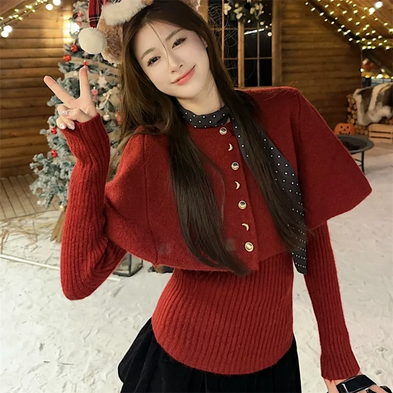 Vintage O Neck White Red Knitted Cloak Sweater Cape 2pc Women Lining Shirt&Short Shawl Top Sweet Girl 2 Pieces Pullover Knitwear
Vintage O Neck White Red Knitted Cloak Sweater Cape 2pc Women Lining Shirt&Short Shawl Top Sweet Girl 2 Pieces Pullover Knitwear