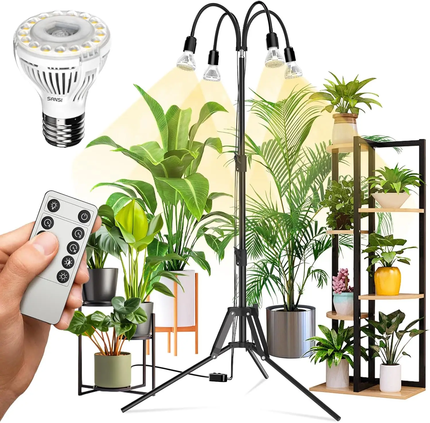 4 Head Dimmable LED Grow Light for Indoor Plants with Remote Control, Adjustable Tripod Stand, 35-64 Inch Height
4 Head Dimmable LED Grow Light for Indoor Plants with Remote Control, Adjustable Tripod Stand, 35-64 Inch Height