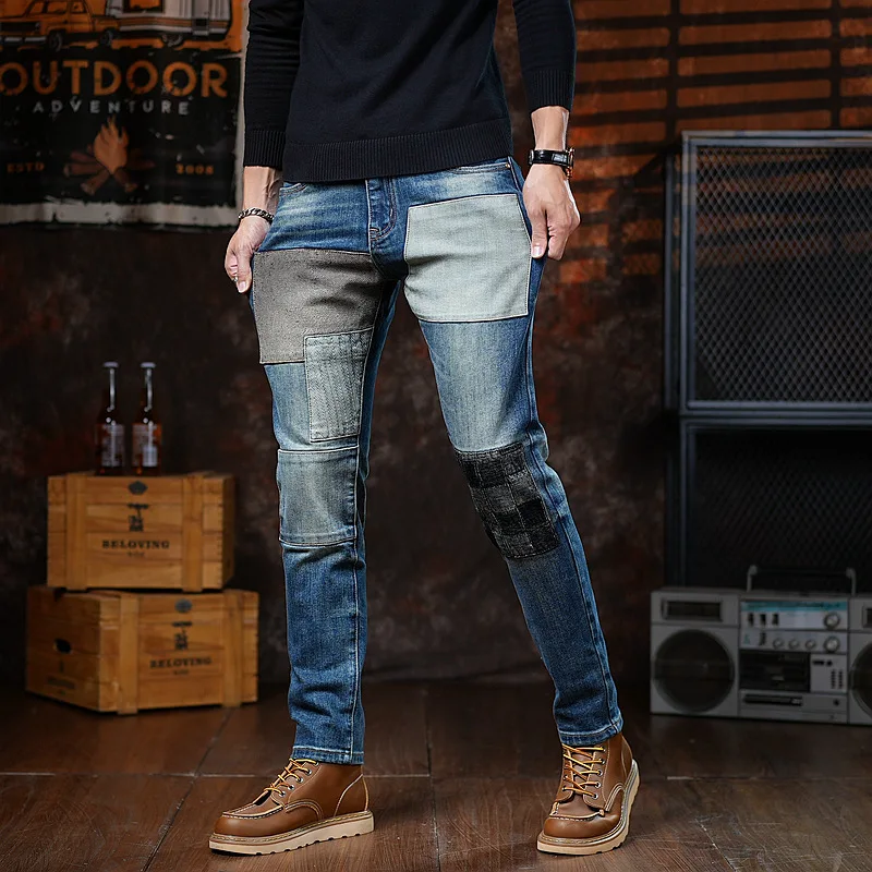 Мужские джинсы в стиле пэчворк в стиле ретро, модные и модные, приталенный крой, маленькие прямые брюки, уличный стиль, красивые длинные брюки
Мужские джинсы в стиле пэчворк в стиле ретро, модные и модные, приталенный крой, маленькие прямые брюки, уличный стиль, красивые длинные брюки