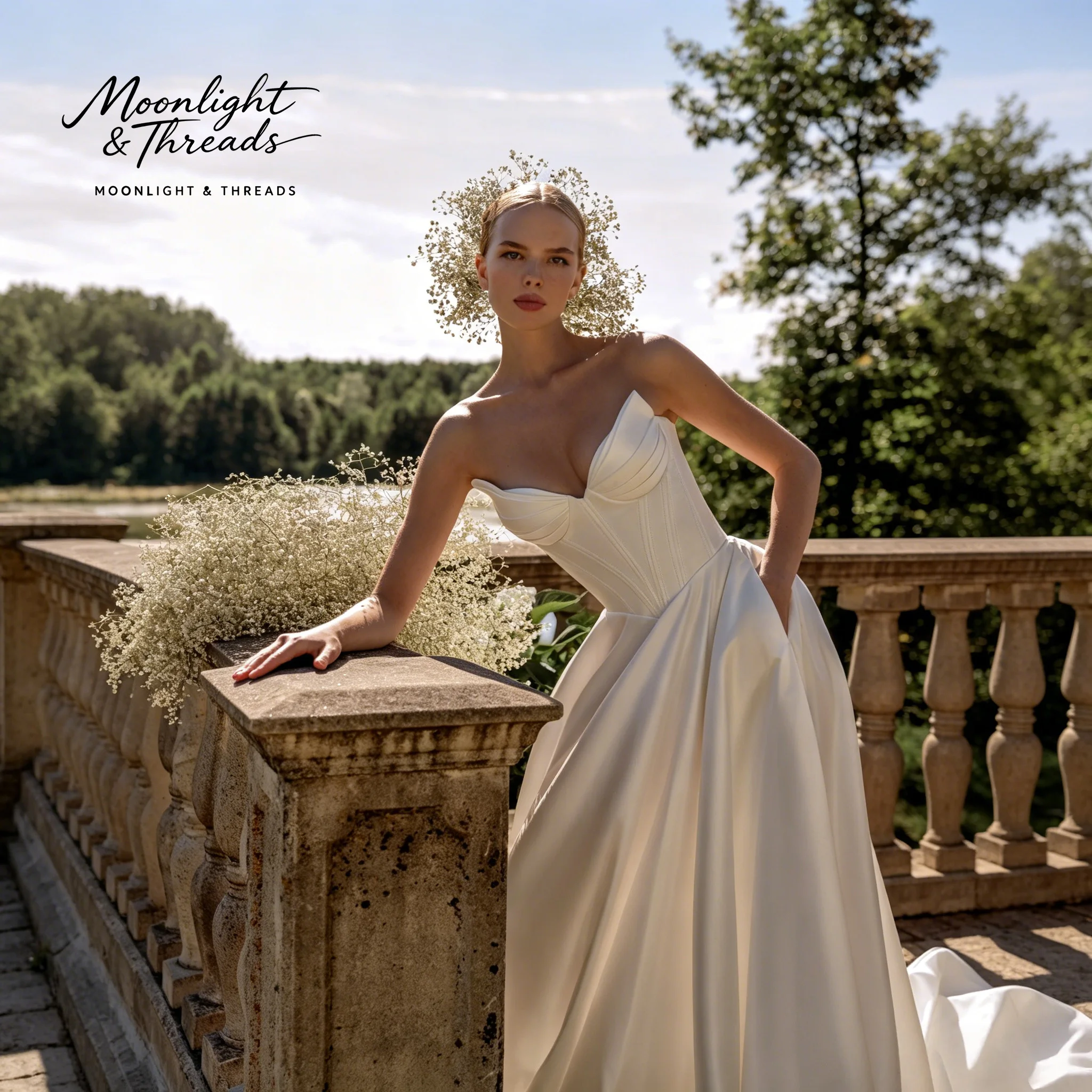 Elegant ivory satin V-neck sleeveless A-line formal wedding gown with a boned fitted waist and floor-length skirt
Elegant ivory satin V-neck sleeveless A-line formal wedding gown with a boned fitted waist and floor-length skirt