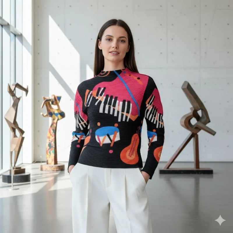 Miyake Pleated T-shirt 2026 Spring Personality Casual Long-sleeved T-shirt Female Color Print Slim Versatile Temperament Tops
Miyake Pleated T-shirt 2026 Spring Personality Casual Long-sleeved T-shirt Female Color Print Slim Versatile Temperament Tops