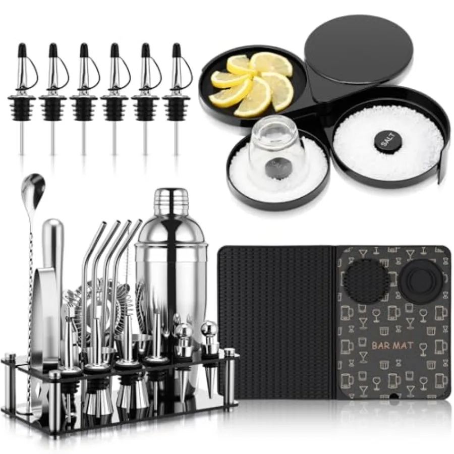 28 Pcs Cocktail Shaker Set and Bartender Kit with Stand 18 x 12 Inch Folding Bar Mat with Cutting Board 3 Tier Bar Glass Rimmer
28 Pcs Cocktail Shaker Set and Bartender Kit with Stand 18 x 12 Inch Folding Bar Mat with Cutting Board 3 Tier Bar Glass Rimmer