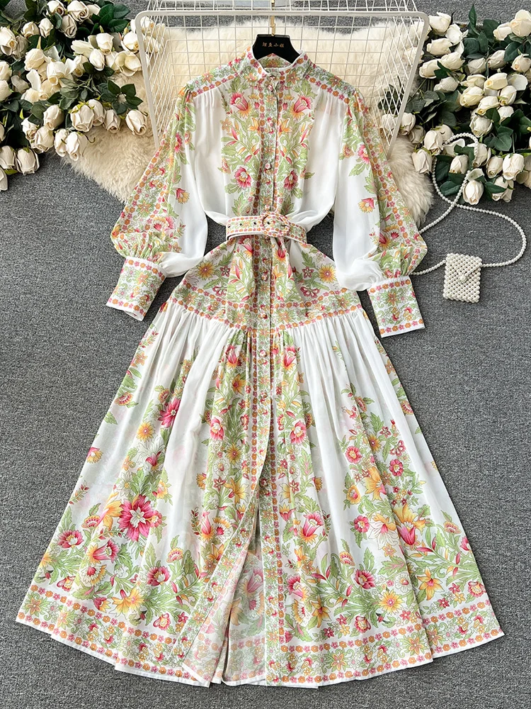 Maxi Dress Women Fashion Stand Collar Elegant Evening Party Long Dress With Belt Long Sleeve Vintage Floral Print Vacation Dress
Maxi Dress Women Fashion Stand Collar Elegant Evening Party Long Dress With Belt Long Sleeve Vintage Floral Print Vacation Dress
