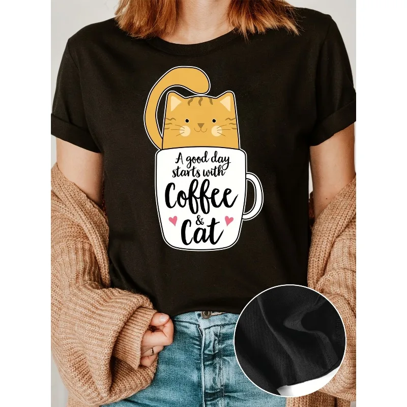 Женская футболка с забавным котом и кофейной чашкой, круглым вырезом и короткими рукавами, дышащий весенне-летний повседневный женский топ
Женская футболка с забавным котом и кофейной чашкой, круглым вырезом и короткими рукавами, дышащий весенне-летний повседневный женский топ