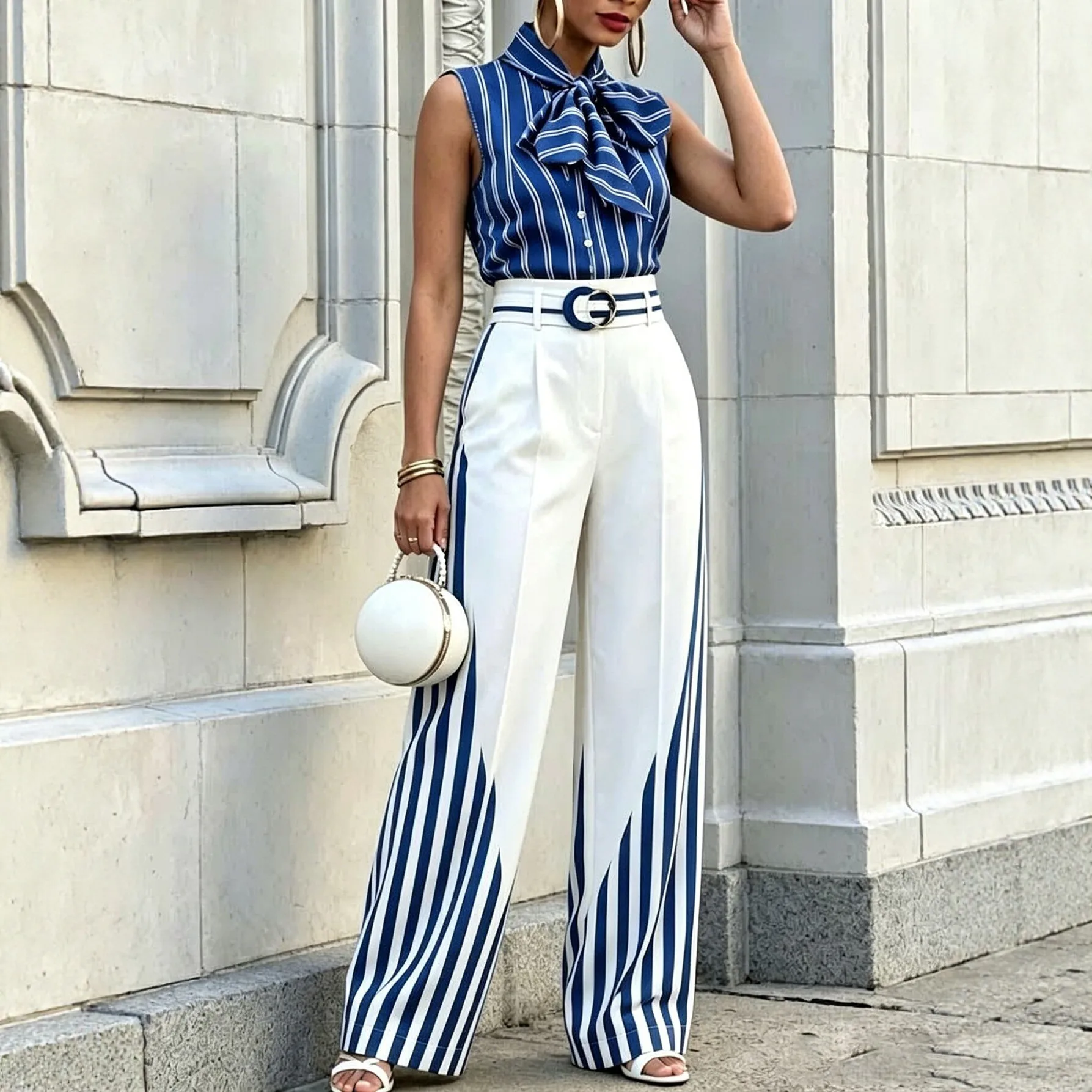 Striped Two Piece Pant Set Bow Tie Collar Sleeveless Button Blouse and Color Block Wide Leg Trousers Women Elegant Office Set
Striped Two Piece Pant Set Bow Tie Collar Sleeveless Button Blouse and Color Block Wide Leg Trousers Women Elegant Office Set