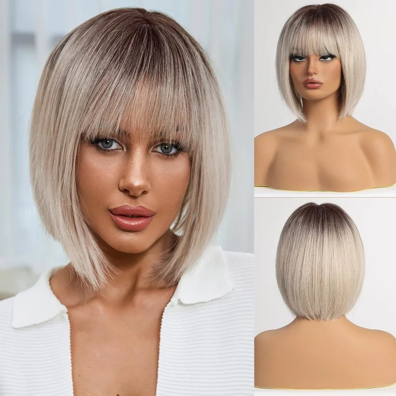 Women's wig, high-temperature fiber, straight hair with bangs, short bob style
Women's wig, high-temperature fiber, straight hair with bangs, short bob style
