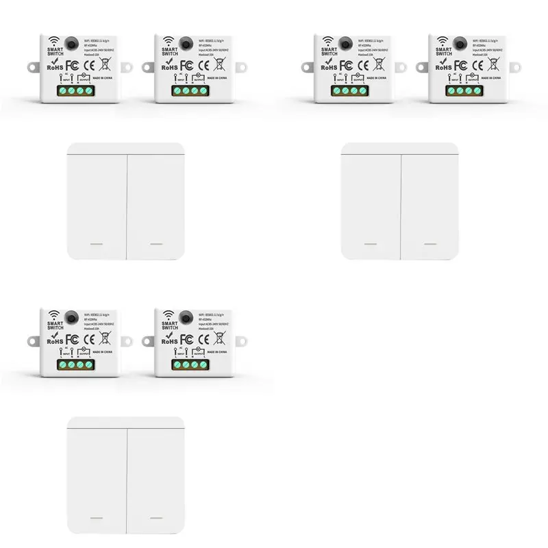 B50B-6PCS Wireless Light Wall Switch RF 433Mhz Relay Receiver With 1X 2Gang Panel Switch LED Remote Control For LED Lamp