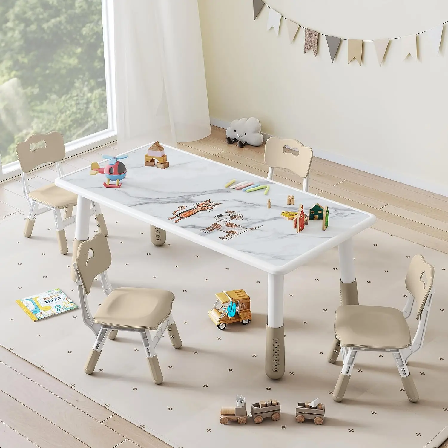 Toddler Table and 4 Chairs Set, Height Adjustable Kids Table and Chairs, 47.2''L x 23.6''W, Marble Pattern &, Customized
Toddler Table and 4 Chairs Set, Height Adjustable Kids Table and Chairs, 47.2''L x 23.6''W, Marble Pattern &, Customized