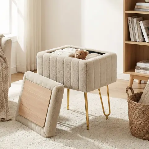 Tabouret ottoman JHK en fausse fourrure avec rangement, chaise de maquillage rembourrée avec 4 pieds en métal antidérapants, pieds réglables, tabourets de rangement caché pour salon et entrée de maison