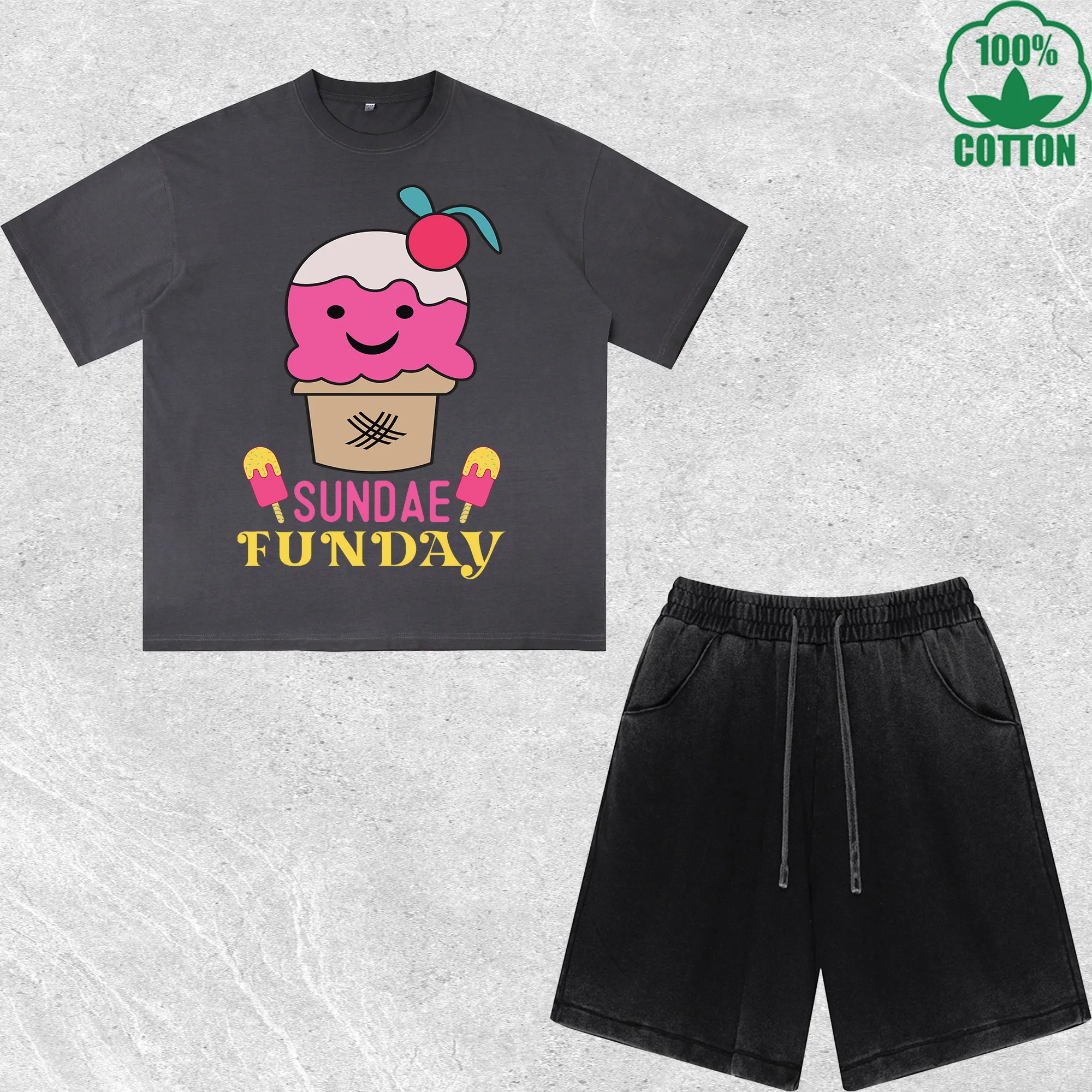 Комплект из футболки и шорт Sundae Funday с принтом, эффектом потертости, разноцветный, свободный крой, модный, 100% хлопок
Комплект из футболки и шорт Sundae Funday с принтом, эффектом потертости, разноцветный, свободный крой, модный, 100% хлопок