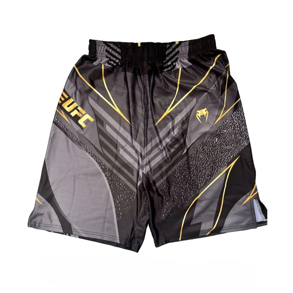 Men's Fighting Shorts Produced By The UFC Ultimate Fighting Championship, Adorned With Black And Gold Patterns And Logos
Men's Fighting Shorts Produced By The UFC Ultimate Fighting Championship, Adorned With Black And Gold Patterns And Logos