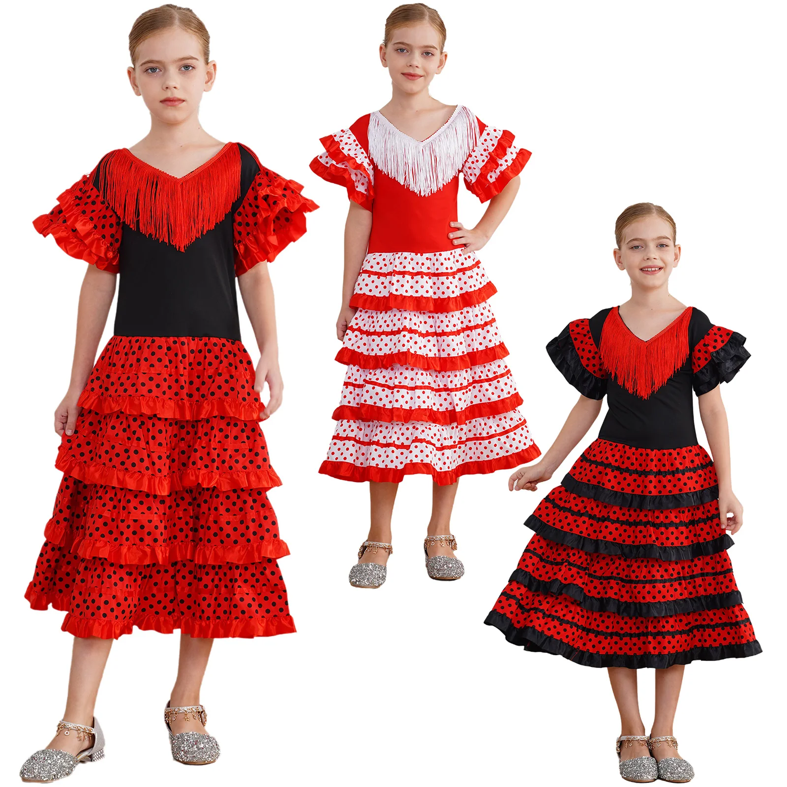 Kids Girls Flamenco Dress Stage Performance Costume Tassel V Neck Ruffled Sleeve Dots Tiered Ruffles Color Block Dance Dress
Kids Girls Flamenco Dress Stage Performance Costume Tassel V Neck Ruffled Sleeve Dots Tiered Ruffles Color Block Dance Dress