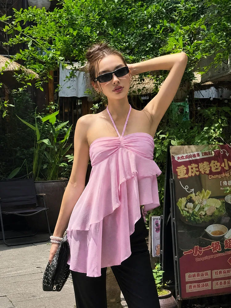 HH Women Summer Spring Coquette Romantic Pink Chiffon Halter Top Spring Braided Tie Ruched Bust Asymmetrical Ruffle Flowy Tank
HH Women Summer Spring Coquette Romantic Pink Chiffon Halter Top Spring Braided Tie Ruched Bust Asymmetrical Ruffle Flowy Tank