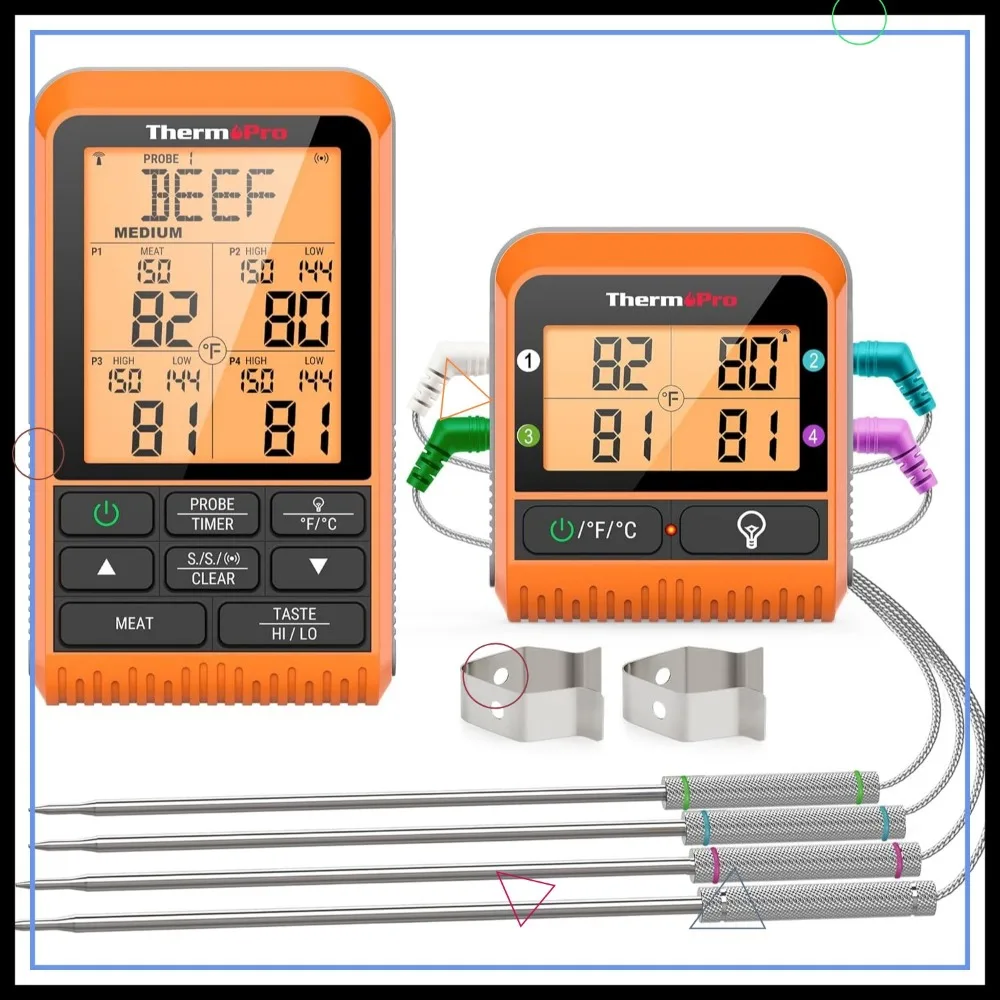 Wireless Meat Thermometer with 4 Probes for Grilling, Smoking, BBQ & Turkey Cooking - 1000ft Range
Wireless Meat Thermometer with 4 Probes for Grilling, Smoking, BBQ & Turkey Cooking - 1000ft Range
