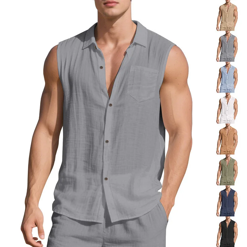 New Summer Men Sleeveless Cotton Linen Shirt Solid Lapel Button Up Light Breathable Loose Beach Vacay Casual Tank Tops Chest Poc
New Summer Men Sleeveless Cotton Linen Shirt Solid Lapel Button Up Light Breathable Loose Beach Vacay Casual Tank Tops Chest Poc