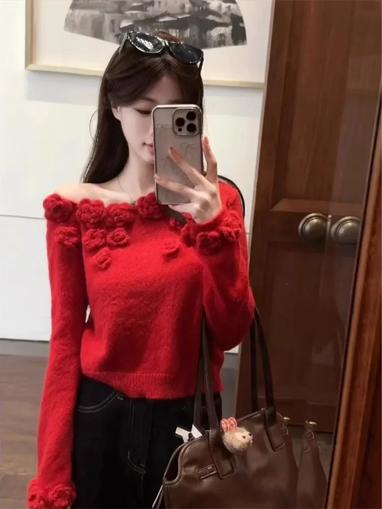 French Off Shoulder Knitted Top For Women's Autumn And Winter Design, Handmade Three-Dimensional Rose Short Slim Knit Sweater
French Off Shoulder Knitted Top For Women's Autumn And Winter Design, Handmade Three-Dimensional Rose Short Slim Knit Sweater