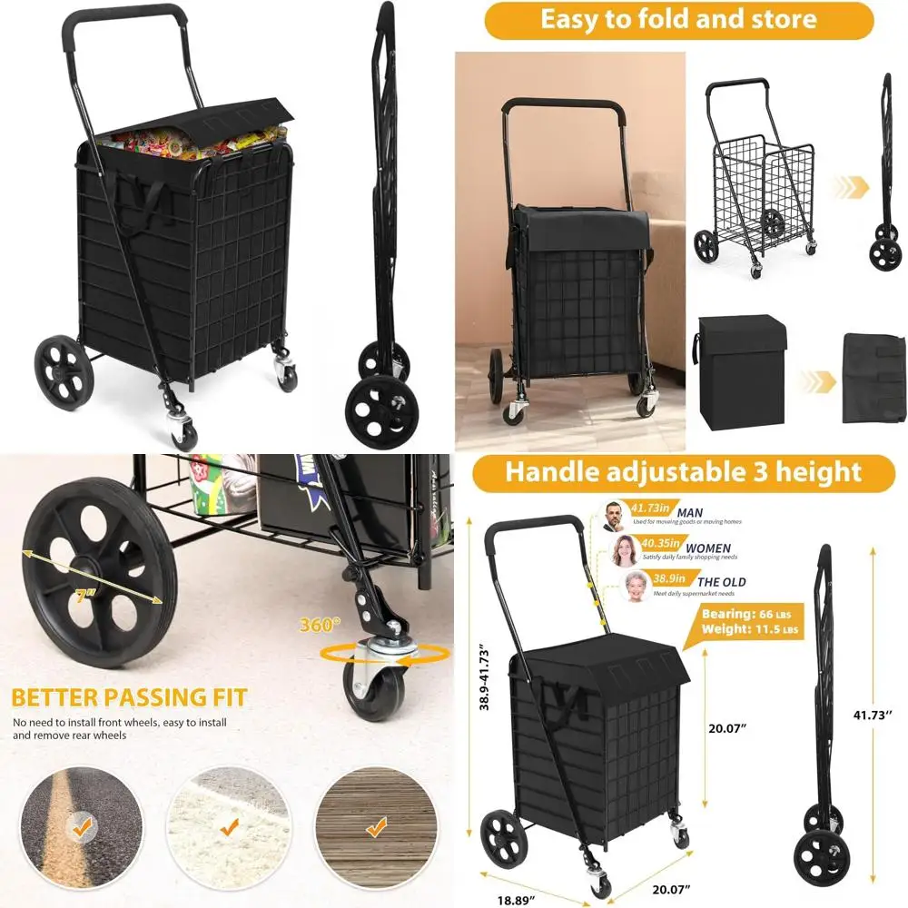Складная корзина для покупок для продуктов с водонепроницаемой сумкой и поворотными колесами на 360 градусов.
Складная корзина для покупок для продуктов с водонепроницаемой сумкой и поворотными колесами на 360 градусов.