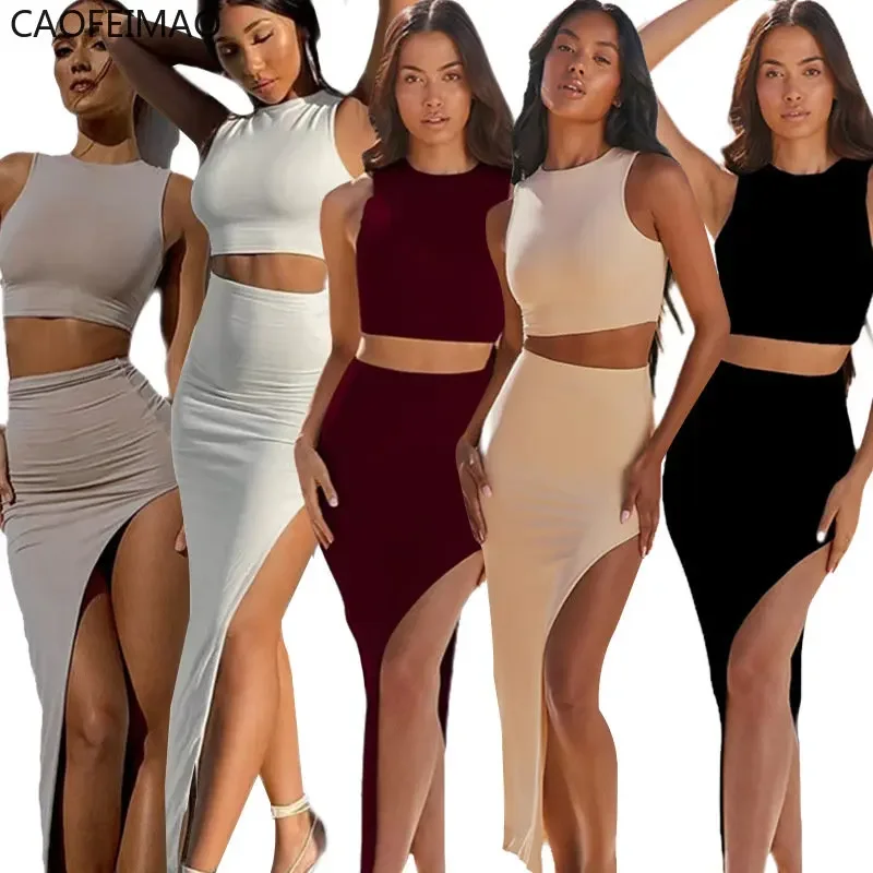 Women Sexy Two-piece Clothes Skirt Set Women's Suit Solid Color Round Collar Vest and High Waist Split Long Slit Skirt Summer
Women Sexy Two-piece Clothes Skirt Set Women's Suit Solid Color Round Collar Vest and High Waist Split Long Slit Skirt Summer
