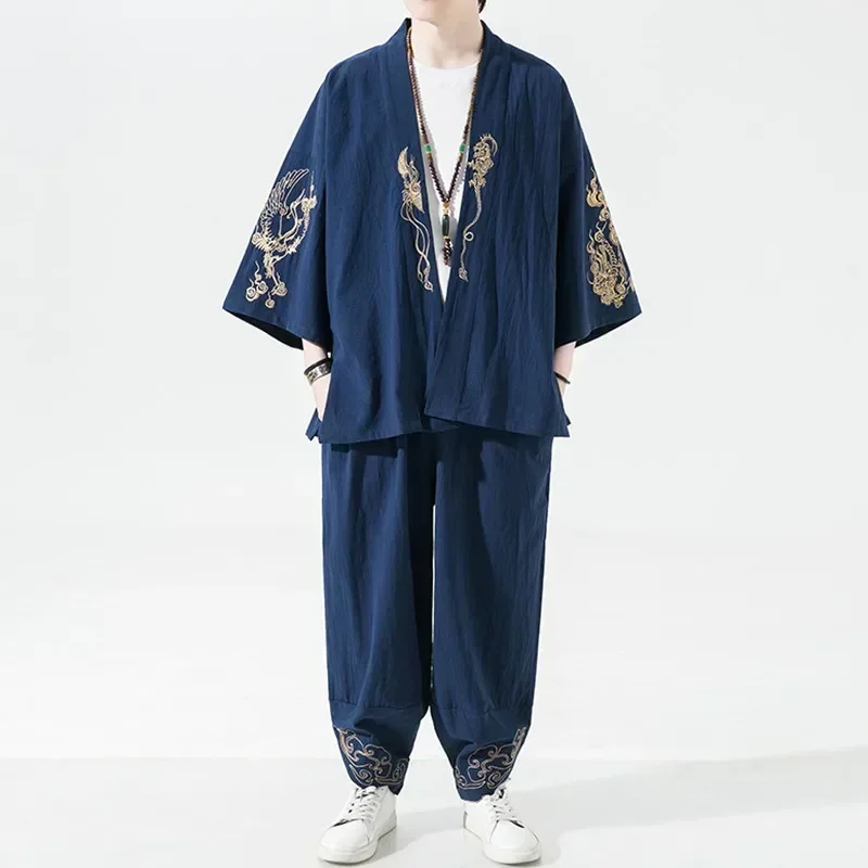 Men's Japanese Kimono Set Fashion Harajuku Streetwear Silk Dragon Embroidery Casual Outer Hood Uniform Linen Clothing
Men's Japanese Kimono Set Fashion Harajuku Streetwear Silk Dragon Embroidery Casual Outer Hood Uniform Linen Clothing