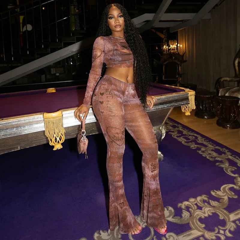 Women Sexy Print See Through Mesh 2 Piece Set O-neck Long Sleeve Crop Tops + High Waist Flare Pants Club Party Suits Cover Ups
Women Sexy Print See Through Mesh 2 Piece Set O-neck Long Sleeve Crop Tops + High Waist Flare Pants Club Party Suits Cover Ups