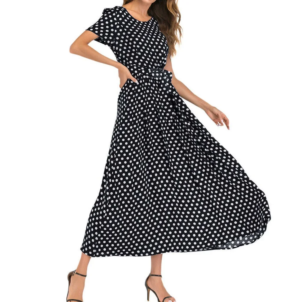 New In Summer Maxi Dresses For Women Elegant O-Neck Short Sleeve Beach Polka Dot Bandage Long Dress vestidos de verano mujer
New In Summer Maxi Dresses For Women Elegant O-Neck Short Sleeve Beach Polka Dot Bandage Long Dress vestidos de verano mujer