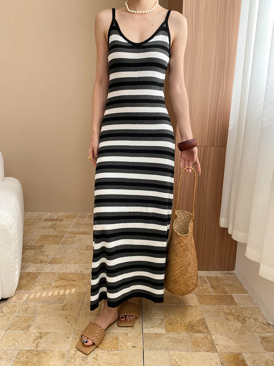 Spring women's casual striped slim knit camisole dress
Spring women's casual striped slim knit camisole dress