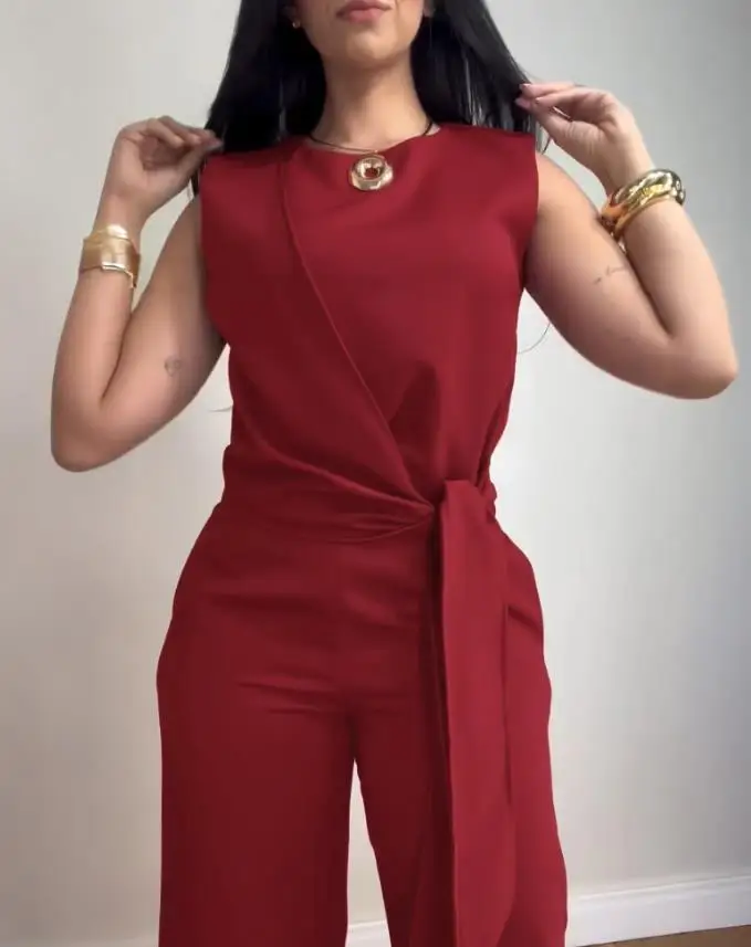 Women's Elegant Trousers Outfits Two Piece Sets Round Neck Sleeveless Asymmetrical Tied Detail Top & Casual High Waist Pants Set
Women's Elegant Trousers Outfits Two Piece Sets Round Neck Sleeveless Asymmetrical Tied Detail Top & Casual High Waist Pants Set