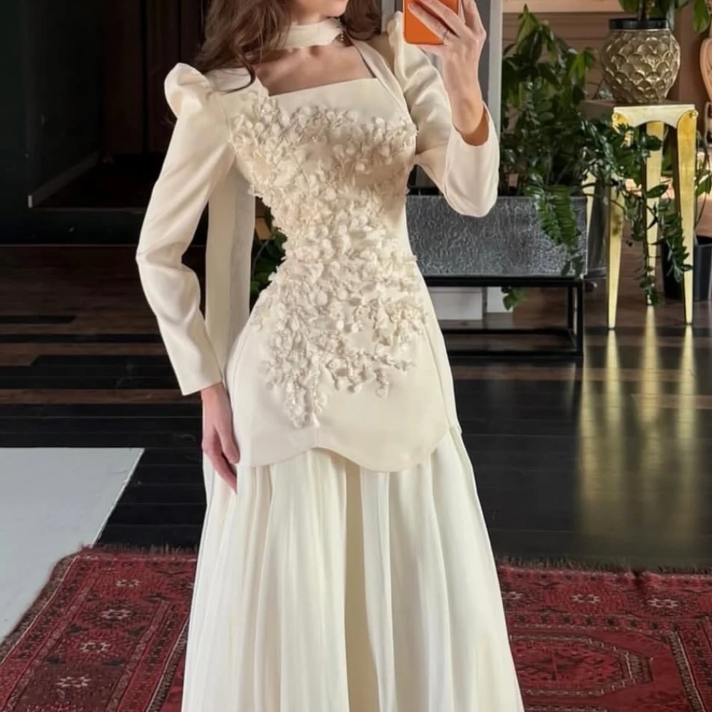 Exqusite Appliques Chiffon A-line Floor Length Full Sleeve Square Neck Birthday Party Dresses with Ribbon Prom Gowns Customized
Exqusite Appliques Chiffon A-line Floor Length Full Sleeve Square Neck Birthday Party Dresses with Ribbon Prom Gowns Customized